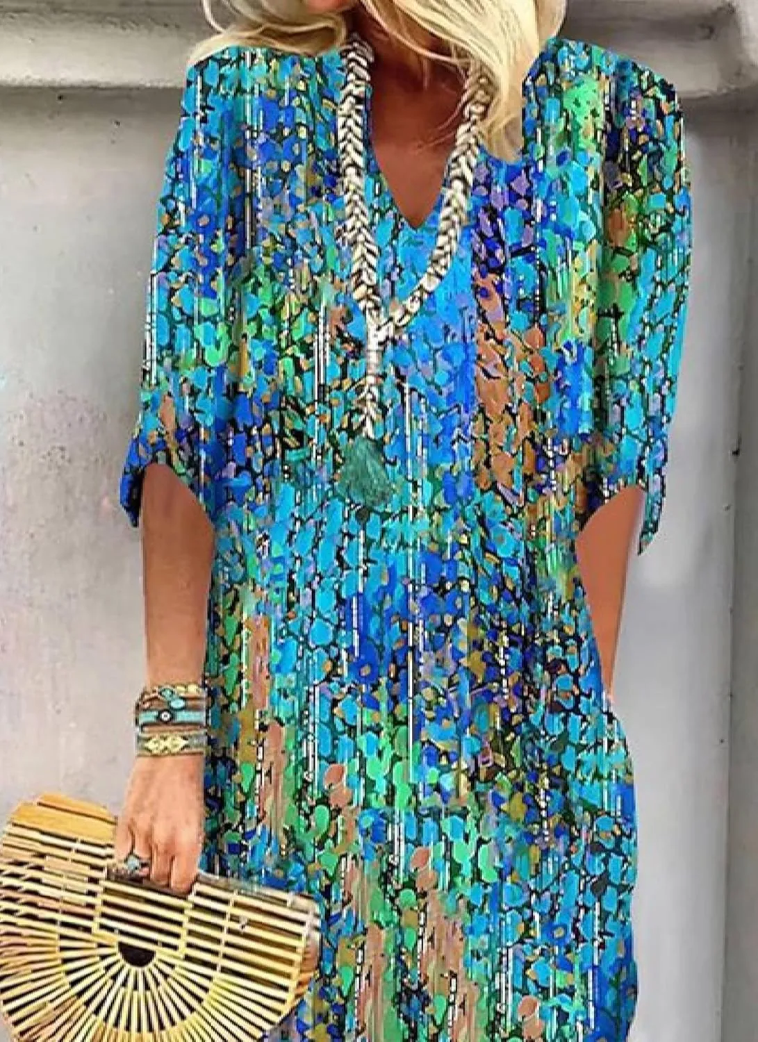 Womens V Neck 3/4 Sleeve Abstract Print Loose Shift Mini Casual Outing Dress