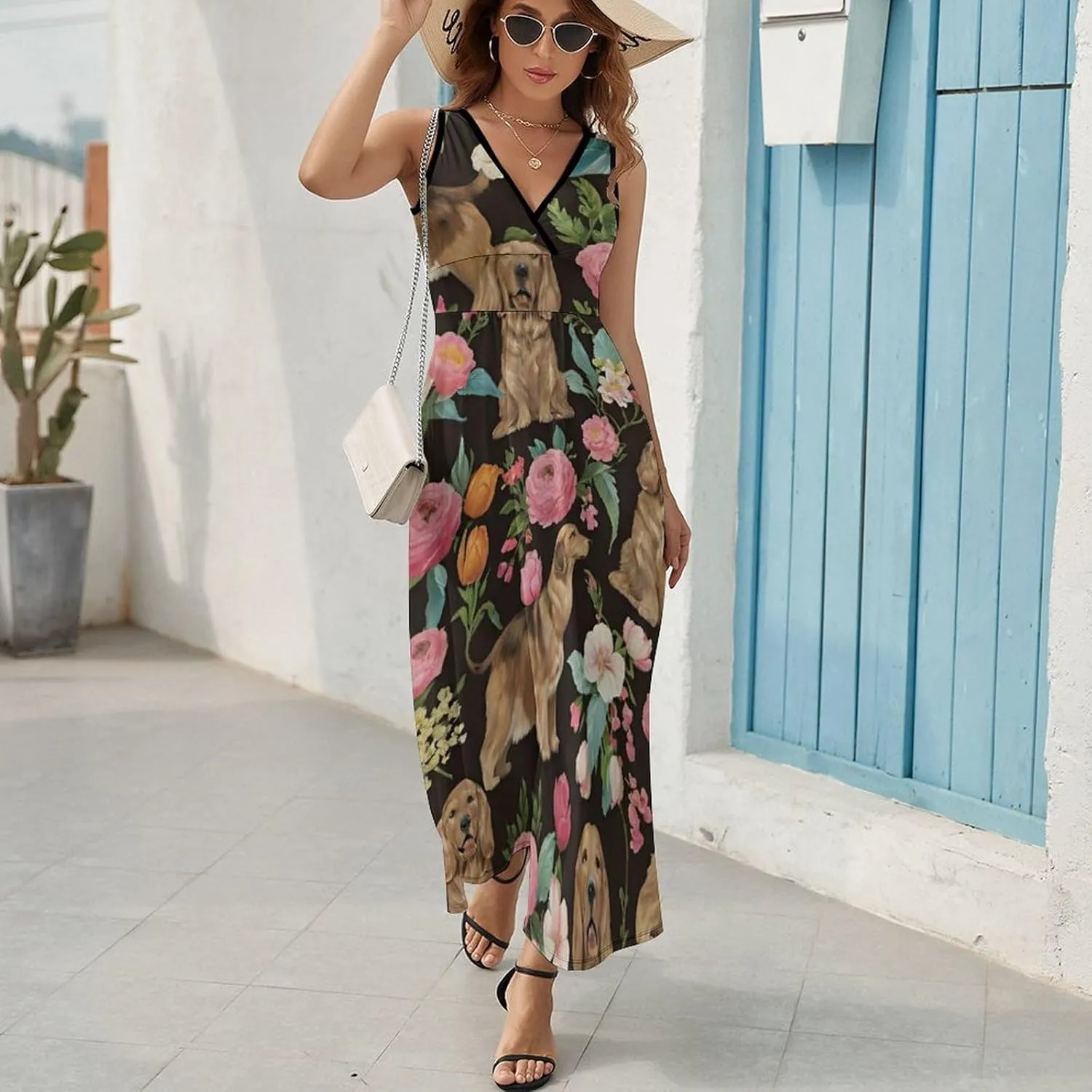 Women's V-Neck Sleeveless Flared Midi Dress for Vacation Party Wedding