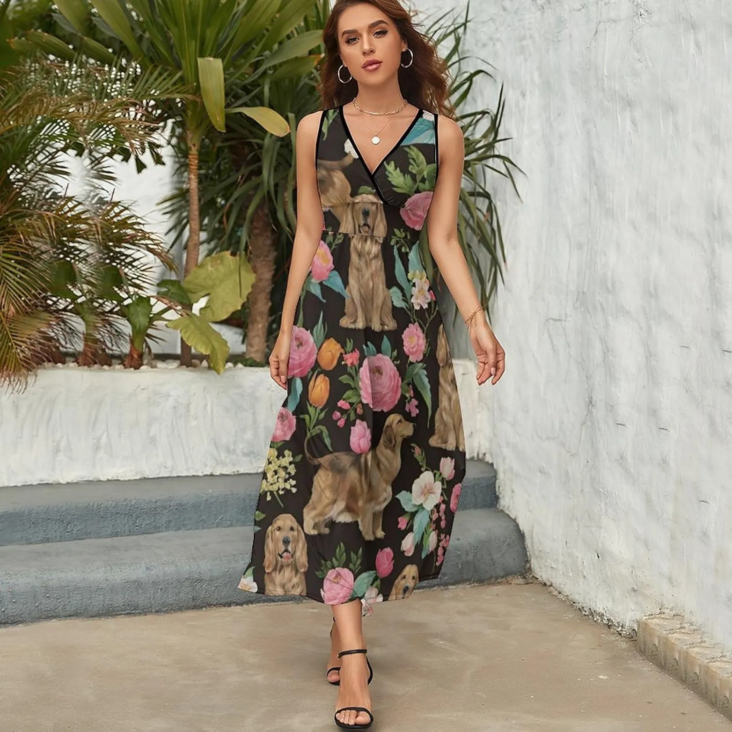 Women's V-Neck Sleeveless Flared Midi Dress for Vacation Party Wedding