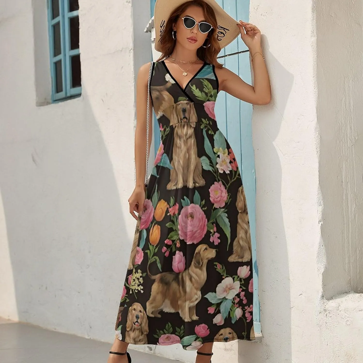Women's V-Neck Sleeveless Flared Midi Dress for Vacation Party Wedding