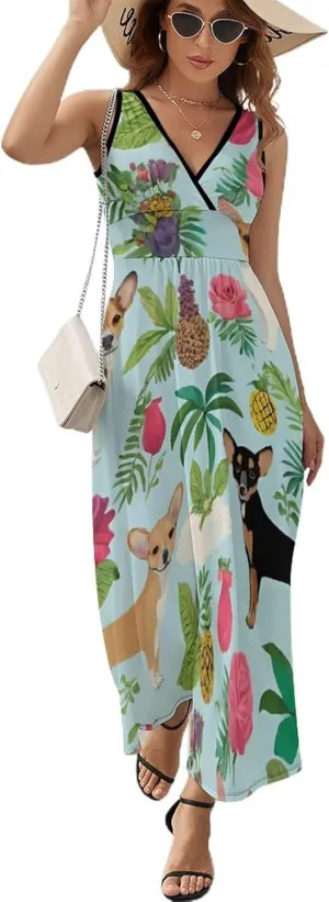Women's V-Neck Sleeveless Midi Tank Dress for Party Holiday Beach