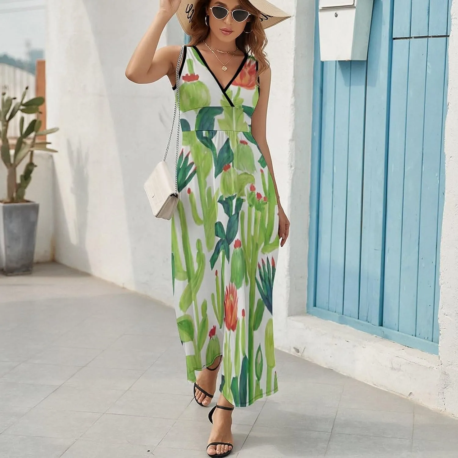 Women's V-Neck Sleeveless Midi Tank Dress for Party Holiday Beach