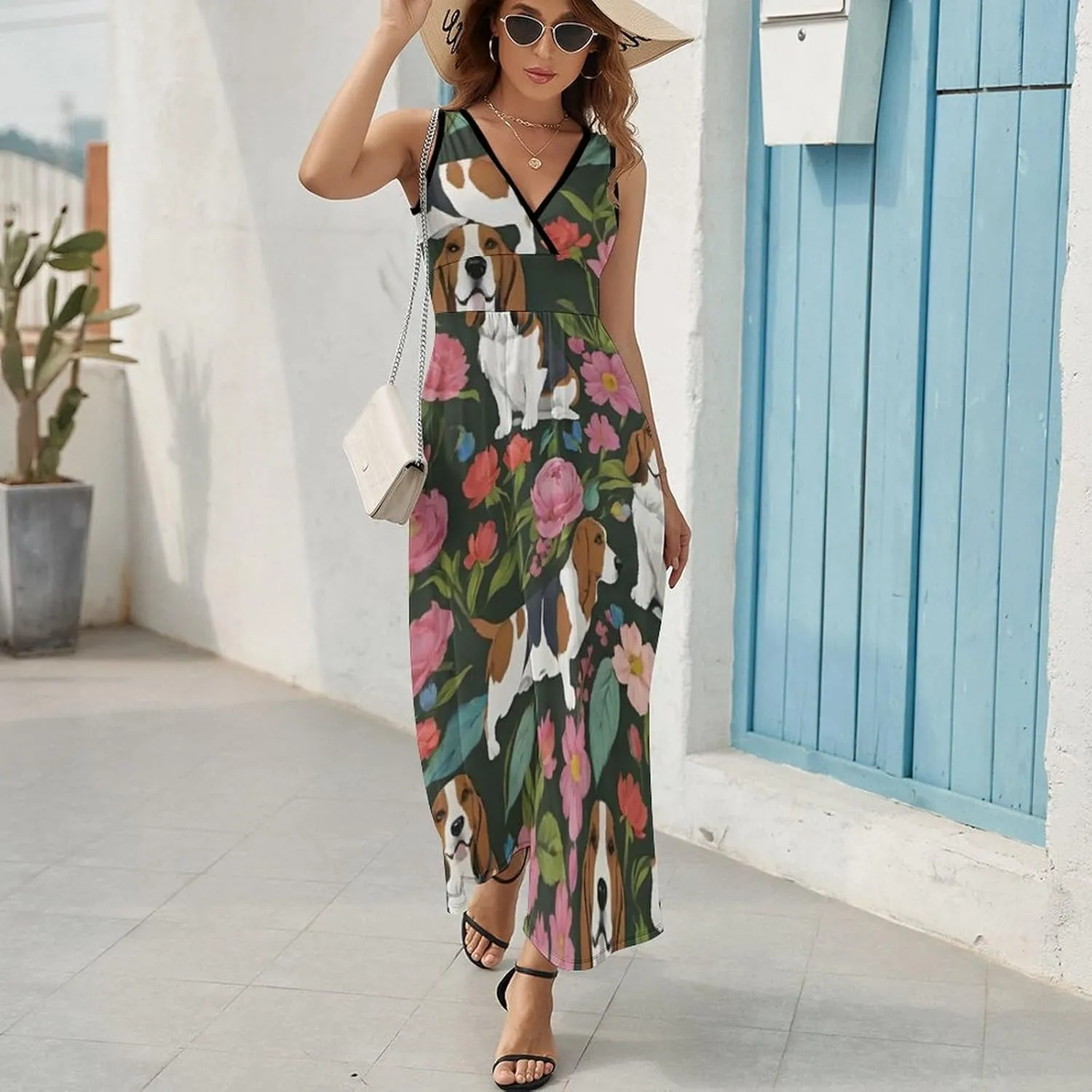 Women's V-Neck Sleeveless Midi Tank Dress for Party Holiday Beach