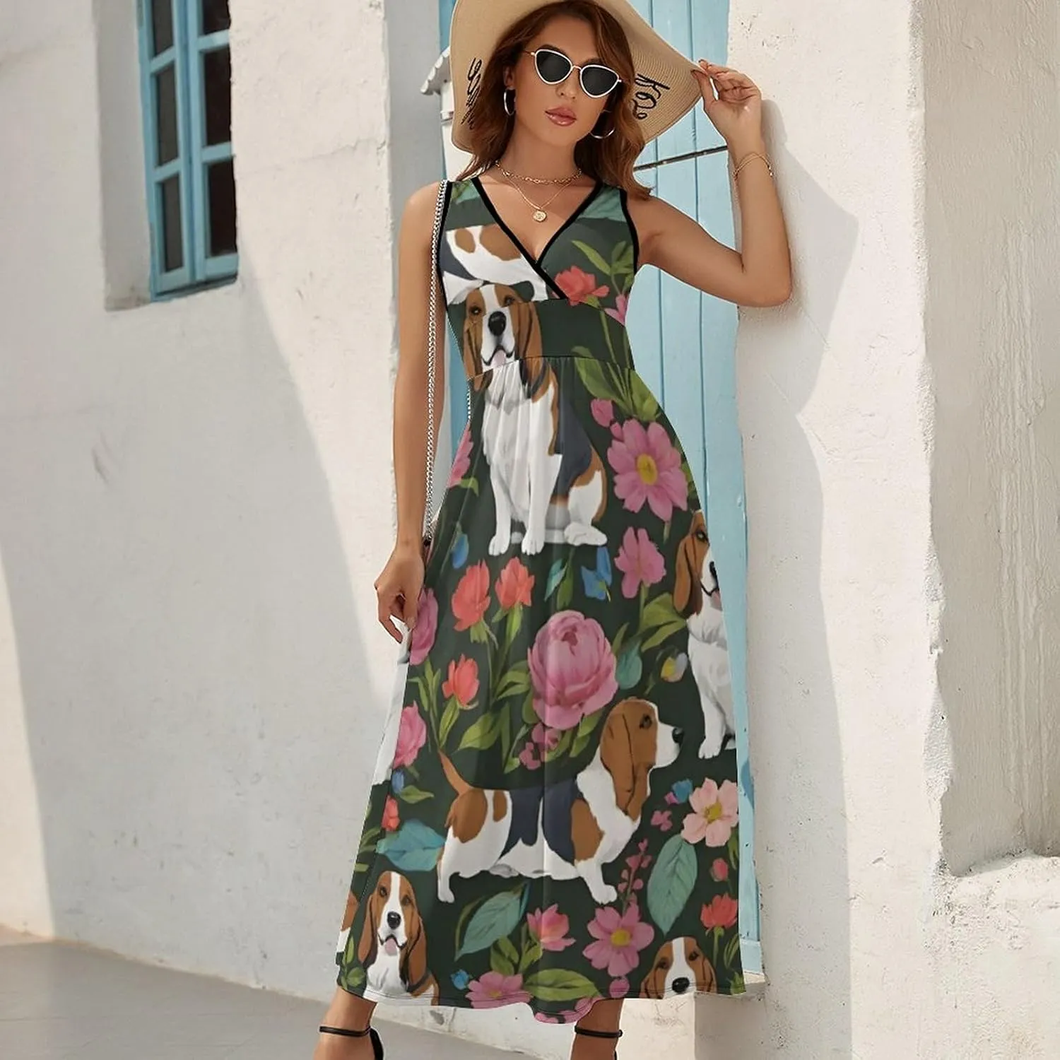 Women's V-Neck Sleeveless Midi Tank Dress for Party Holiday Beach