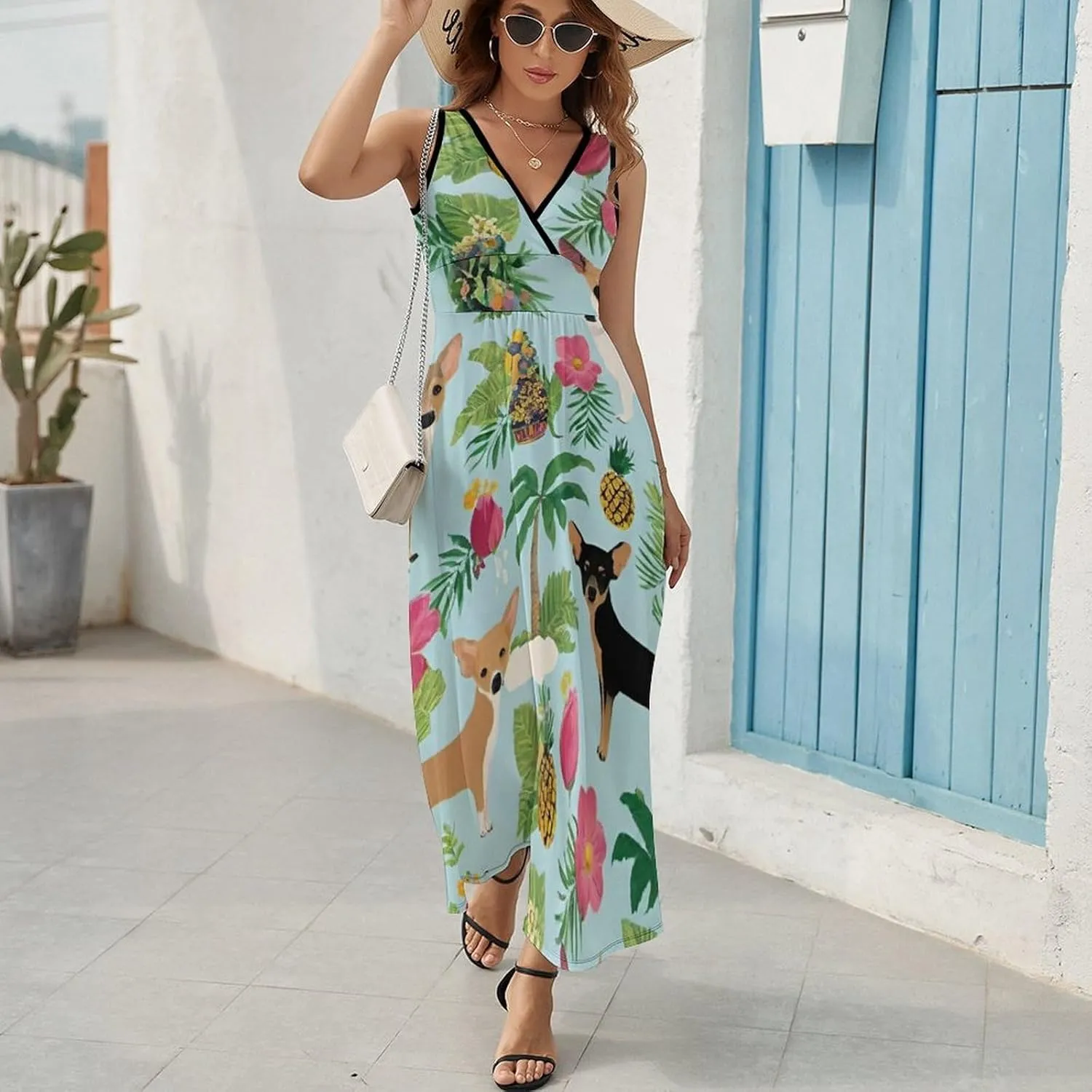 Women's V-Neck Sleeveless Midi Tank Dress for Vacation Party Wedding