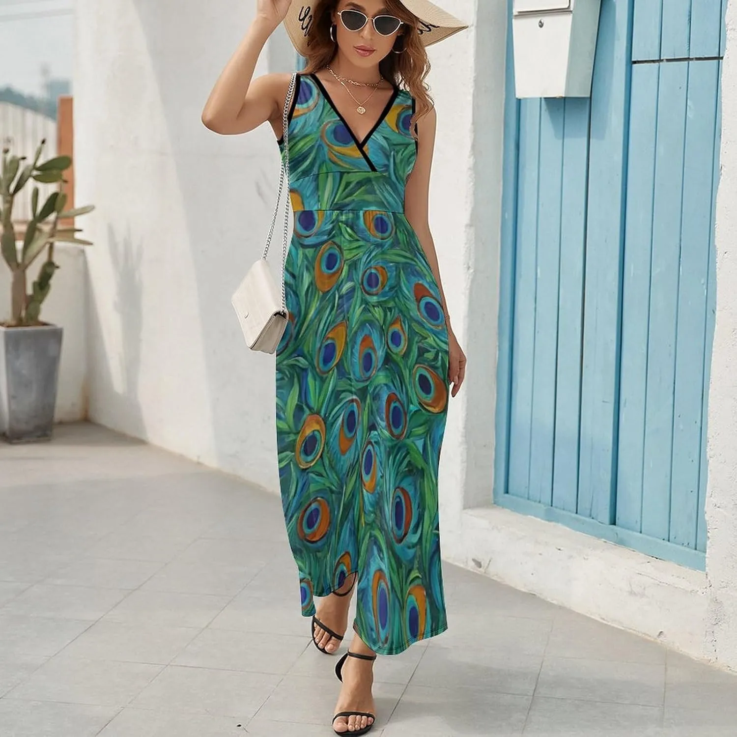 Women's V-Neck Sleeveless Swing Midi Sun Dress for Vacation Party Wedding