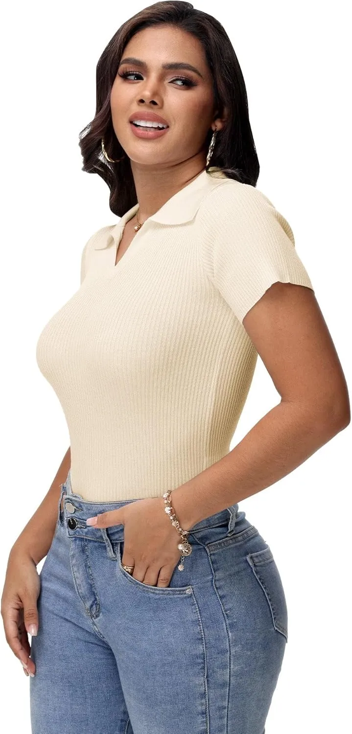 Womens V Neck T Shirts Short Sleeve Ribbed Knit Slim Fit Polo Tops Solid Color Trendy Summer Basic Tee T-Shirts