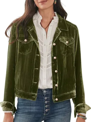 Women's Velvet Jacket Long Sleeve Button Down Cropped Open Front Coat with Pockets