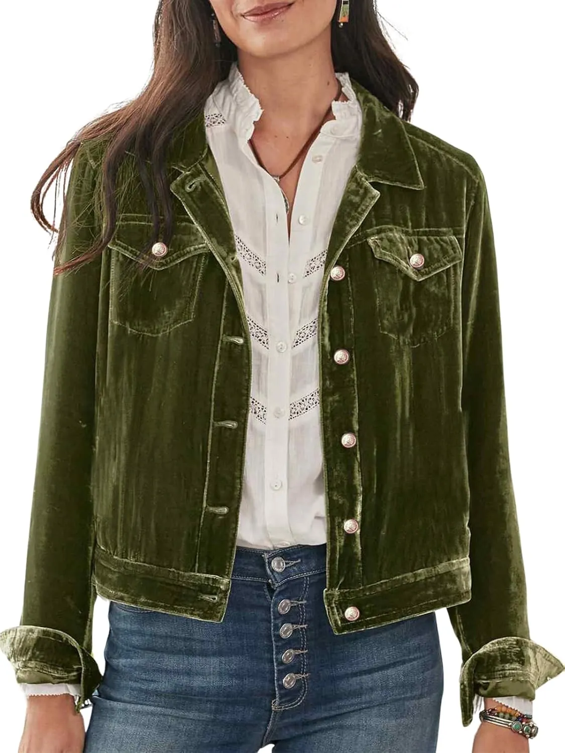 Women's Velvet Jacket Long Sleeve Button Down Cropped Open Front Coat with Pockets