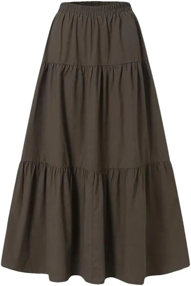 Womens Vintage Casual Pleated Skirt Harajuku Fashion High Waist Beach Party Long Skirt