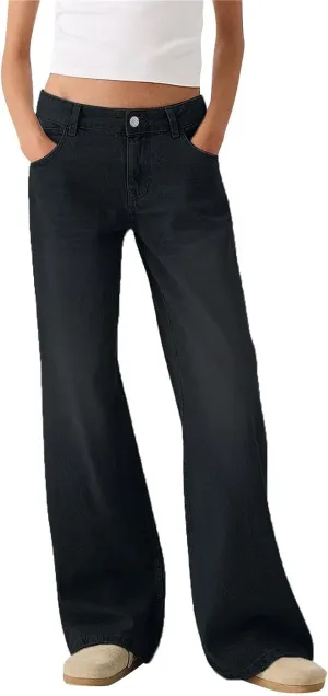 Womens Wide Leg Flare Jeans Fashion Washed High Waisted Denim Bottom Pants Daily Work Office Casual Bell Bottom Jeans