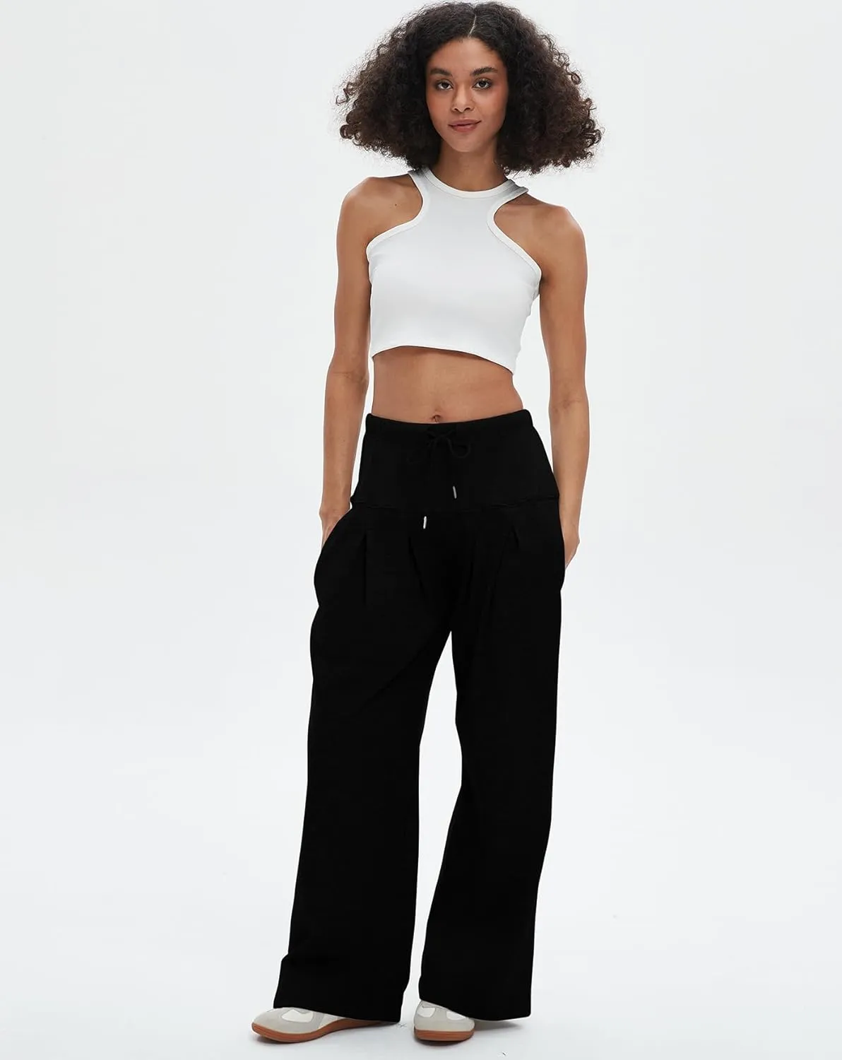 Womens Wide Leg Sweatpants Drawstring Elastic High Waisted Casual Loose Baggy Lounge Trousers with Pockets