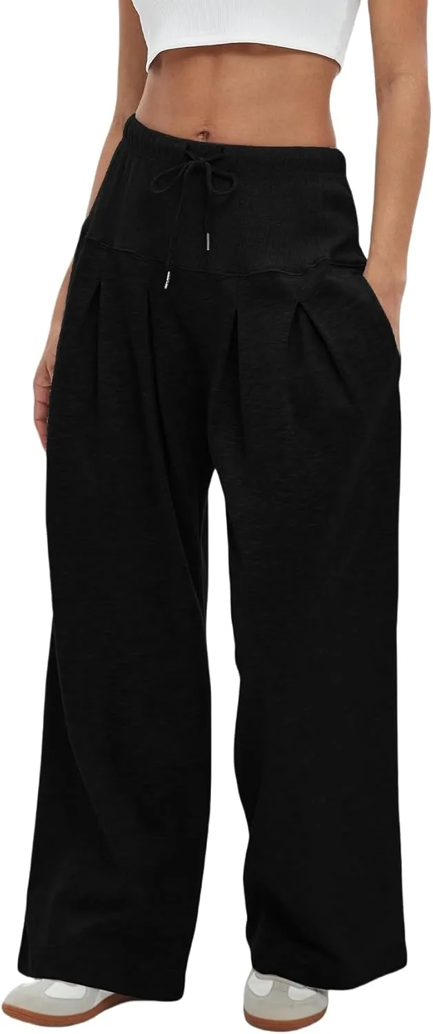 Womens Wide Leg Sweatpants Drawstring Elastic High Waisted Casual Loose Baggy Lounge Trousers with Pockets
