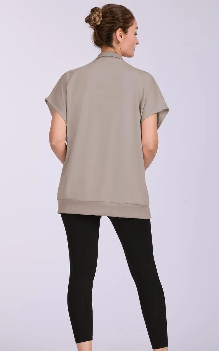 Women's Zip Up Sweatshirts Short Sleeve Lapel Oversized Summer Casual Loose Solid Sweatshirt Jacket with Pockets