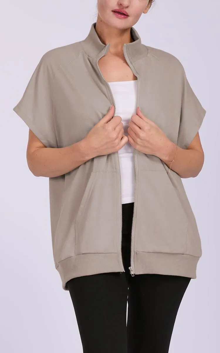 Women's Zip Up Sweatshirts Short Sleeve Lapel Oversized Summer Casual Loose Solid Sweatshirt Jacket with Pockets