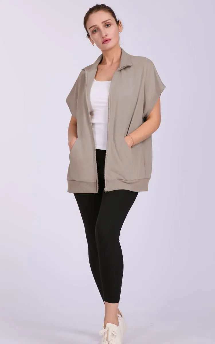 Women's Zip Up Sweatshirts Short Sleeve Lapel Oversized Summer Casual Loose Solid Sweatshirt Jacket with Pockets