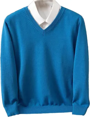 Wool Sweater Men's V-Neck Pullover Tops Autumn Winter Solid Color Versatile Basic Sweater.