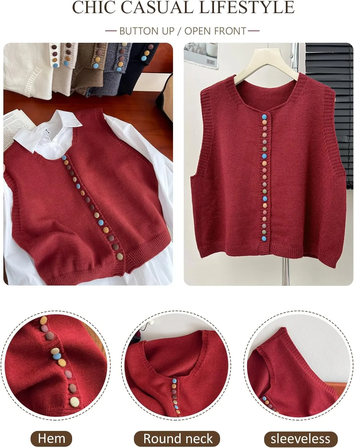 Wowcarbazole Womens Cropped Sweater Vest Sleeveless Cute Crewneck Knit Trendy Casual Button Down Cardigan Vest Top