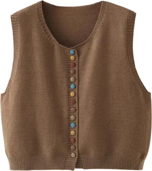 Wowcarbazole Womens Cropped Sweater Vest Sleeveless Cute Crewneck Knit Trendy Casual Button Down Cardigan Vest Top