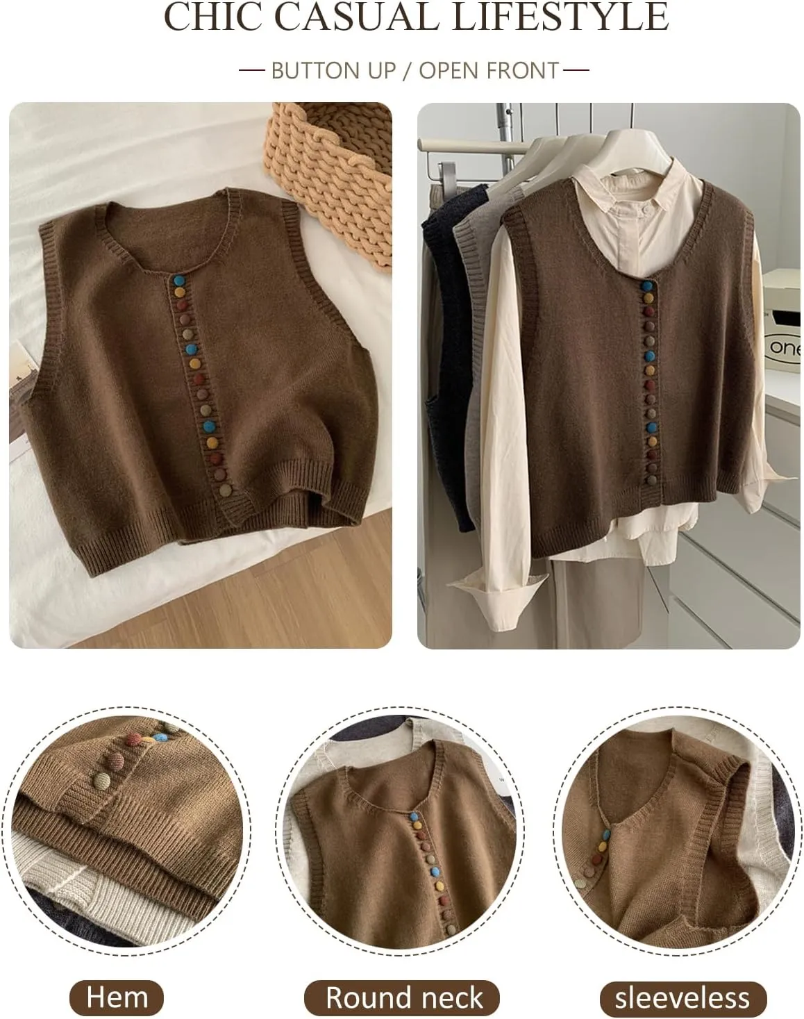 Wowcarbazole Womens Cropped Sweater Vest Sleeveless Cute Crewneck Knit Trendy Casual Button Down Cardigan Vest Top