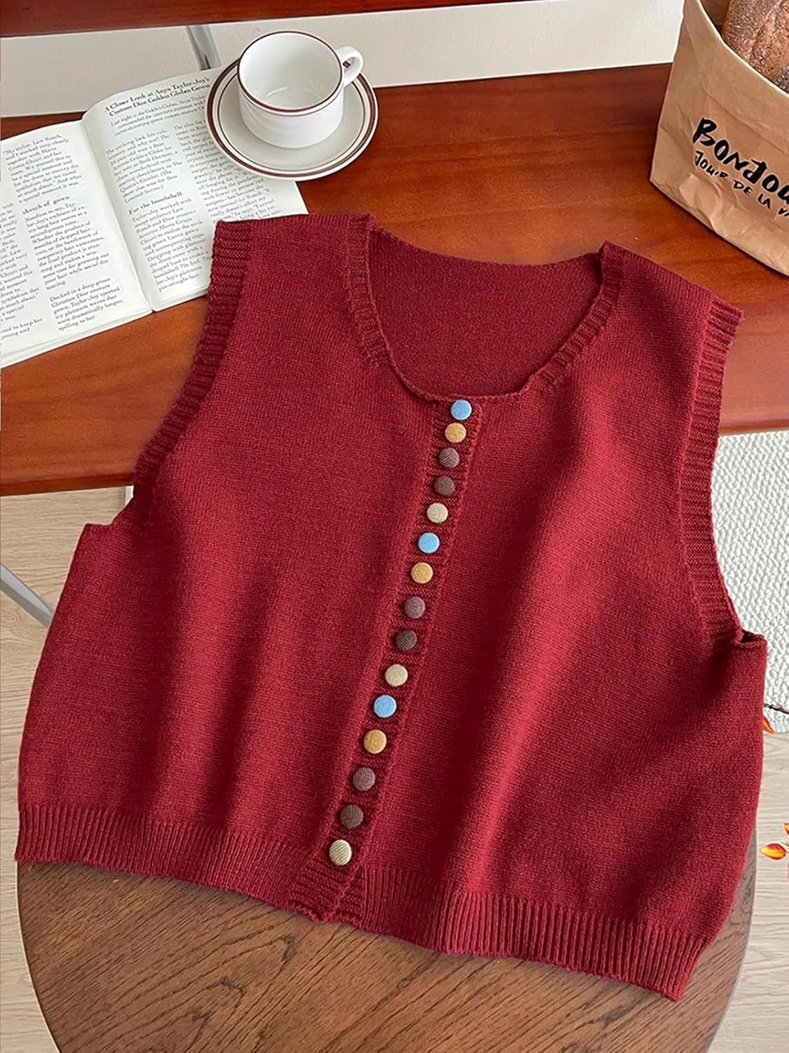 Wowcarbazole Womens Cropped Sweater Vest Sleeveless Cute Crewneck Knit Trendy Casual Button Down Cardigan Vest Top