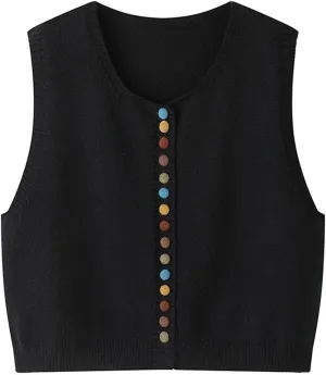 Wowcarbazole Womens Cropped Sweater Vest Sleeveless Cute Crewneck Knit Trendy Casual Button Down Cardigan Vest Top