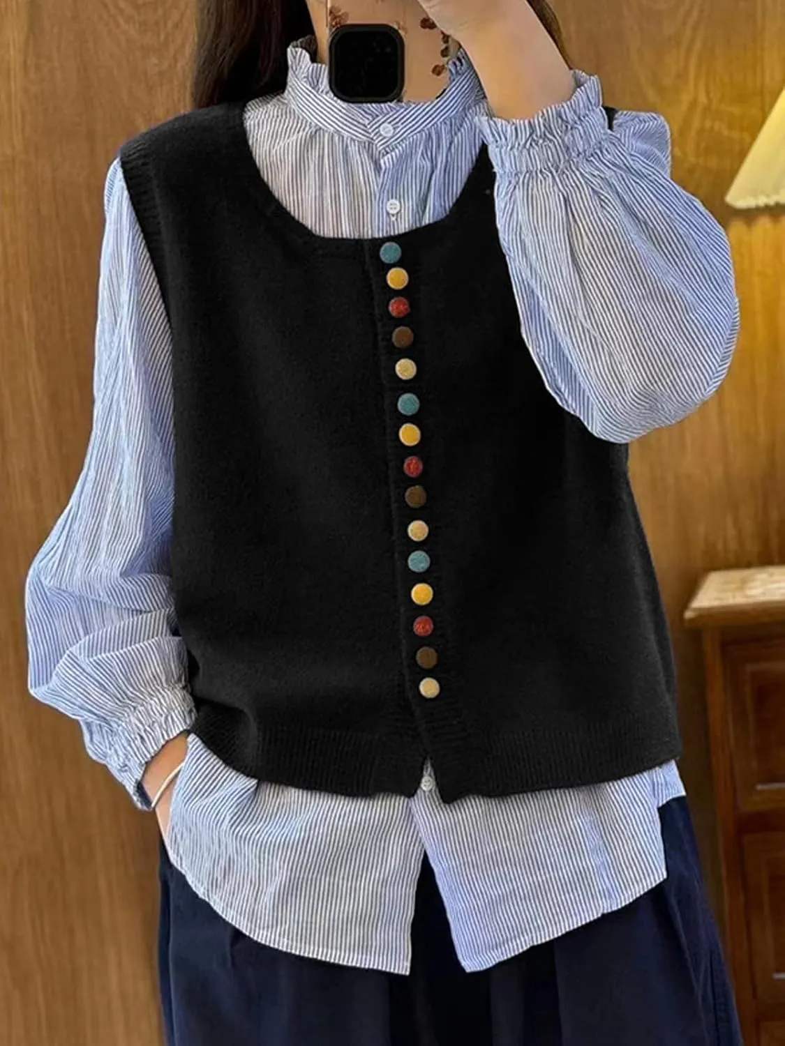 Wowcarbazole Womens Cropped Sweater Vest Sleeveless Cute Crewneck Knit Trendy Casual Button Down Cardigan Vest Top