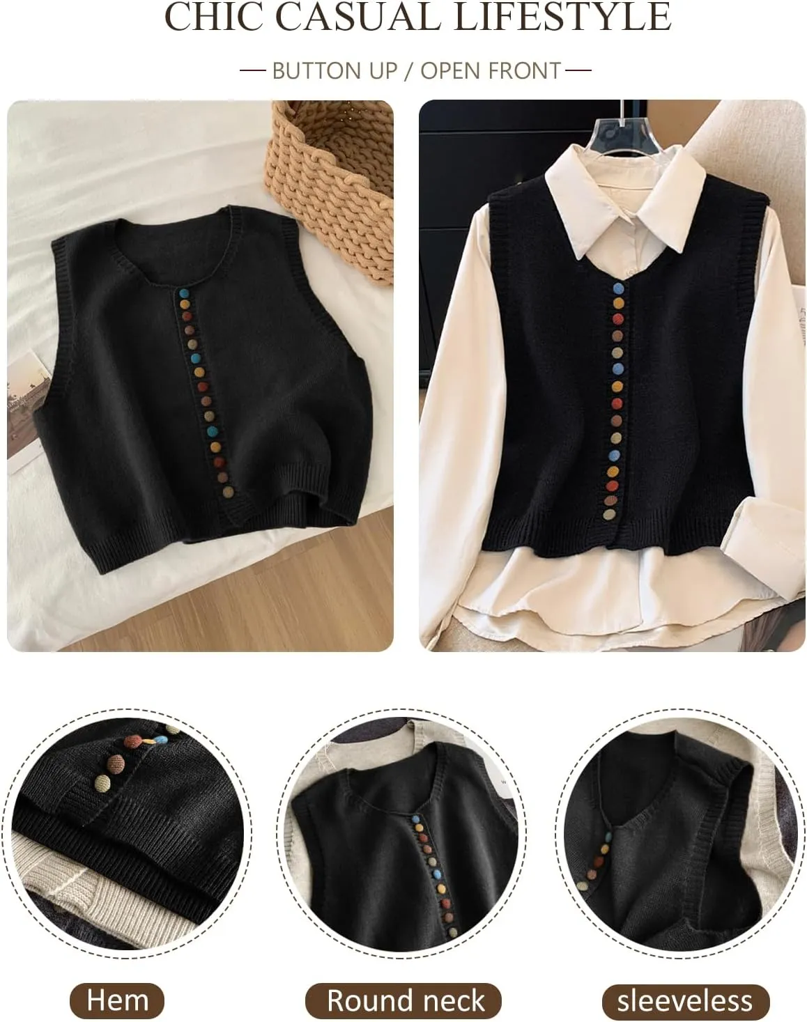 Wowcarbazole Womens Cropped Sweater Vest Sleeveless Cute Crewneck Knit Trendy Casual Button Down Cardigan Vest Top