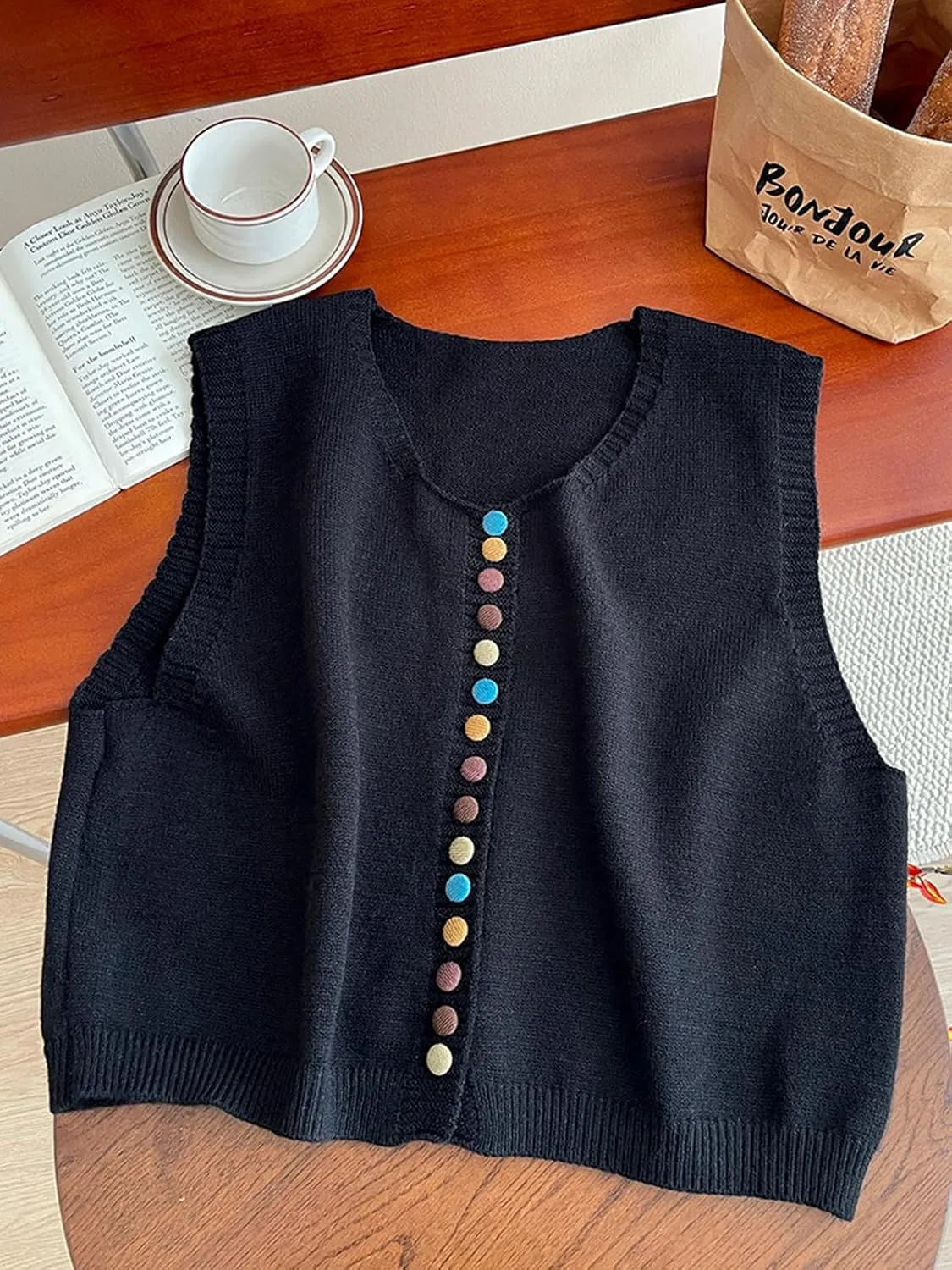 Wowcarbazole Womens Cropped Sweater Vest Sleeveless Cute Crewneck Knit Trendy Casual Button Down Cardigan Vest Top