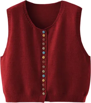 Wowcarbazole Womens Cropped Sweater Vest Sleeveless Cute Crewneck Knit Trendy Casual Button Down Cardigan Vest Top