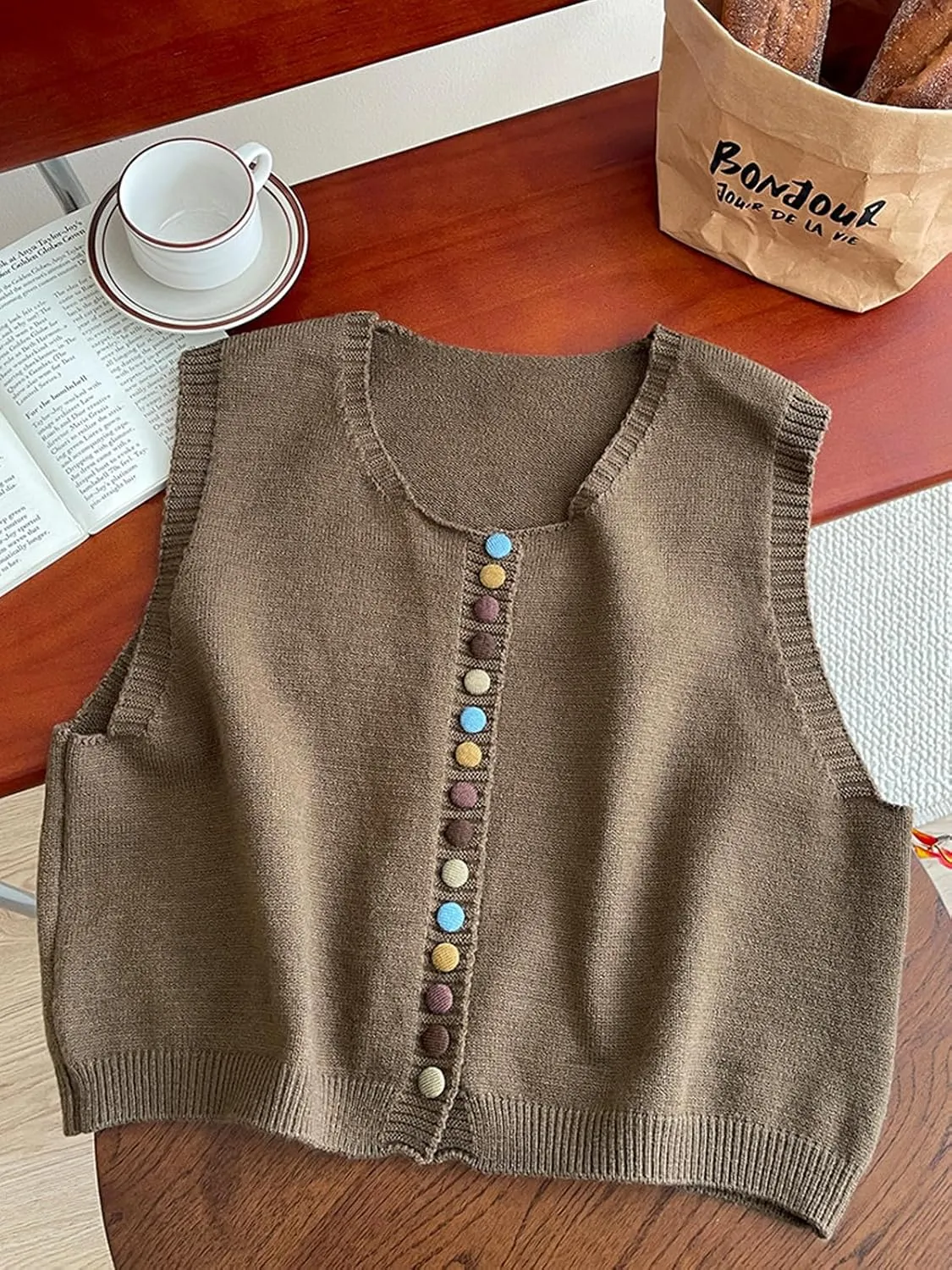 Wowcarbazole Womens Cropped Sweater Vest Sleeveless Cute Crewneck Knit Trendy Casual Button Down Cardigan Vest Top
