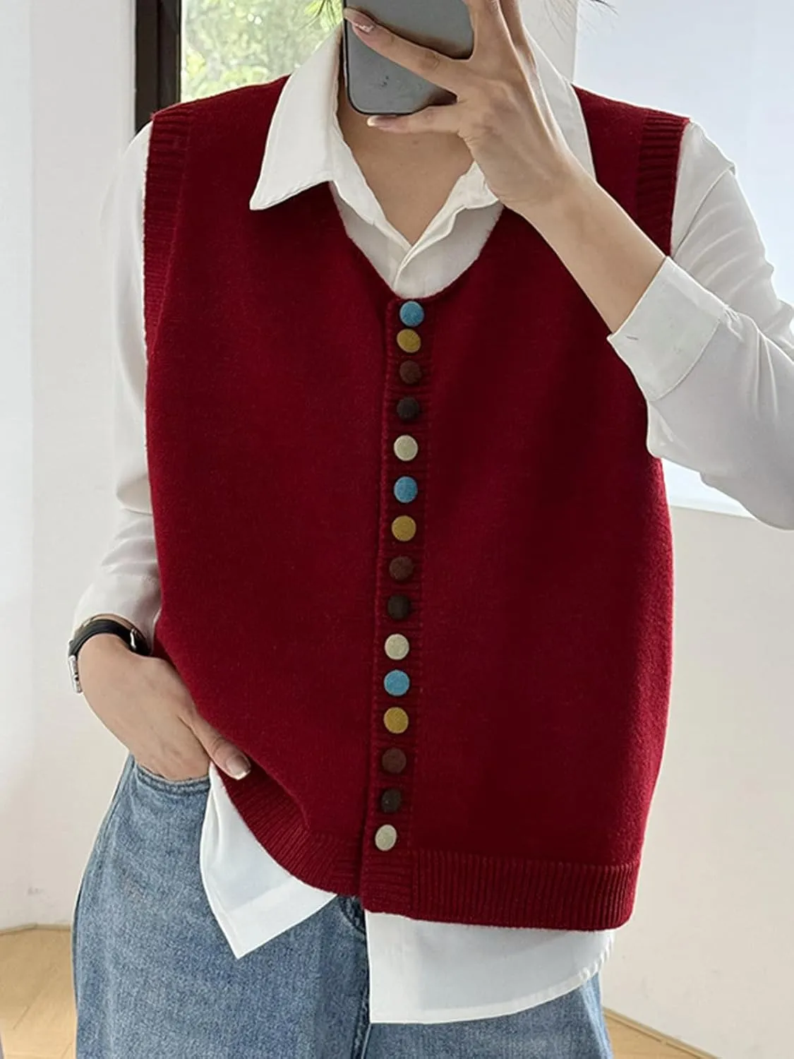 Wowcarbazole Womens Cropped Sweater Vest Sleeveless Cute Crewneck Knit Trendy Casual Button Down Cardigan Vest Top