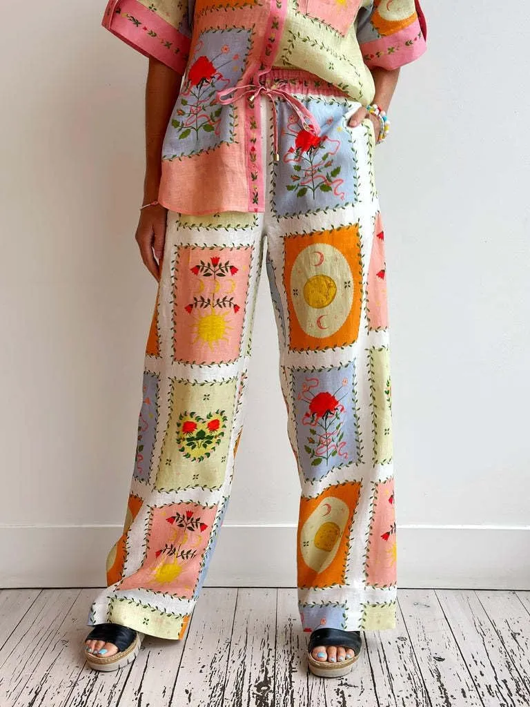 Wuitrie Linen Pants Set for Women Casual Fashion Collar Linen Shirt Cardigan Long Trousers Holiday Beach Suit