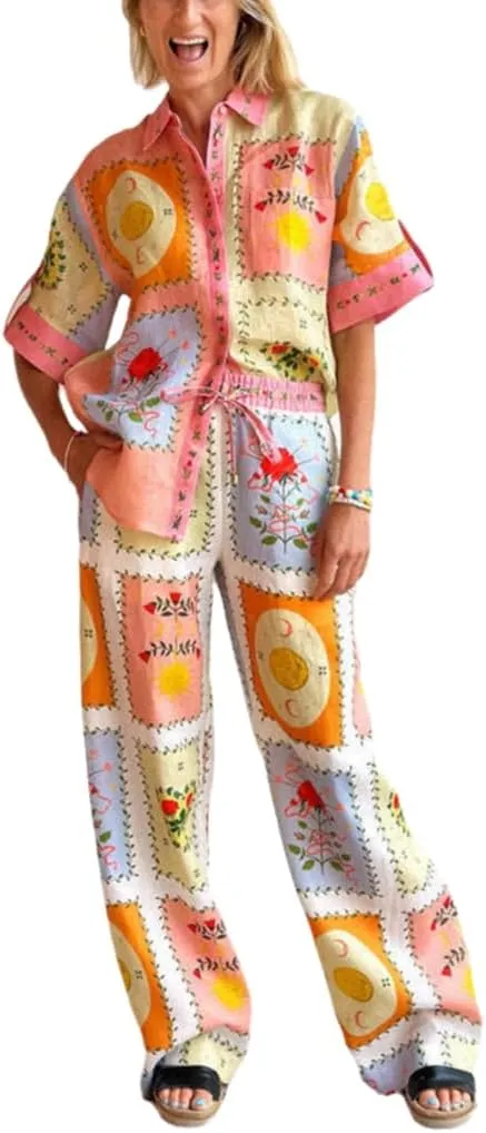 Wuitrie Linen Pants Set for Women Casual Fashion Collar Linen Shirt Cardigan Long Trousers Holiday Beach Suit