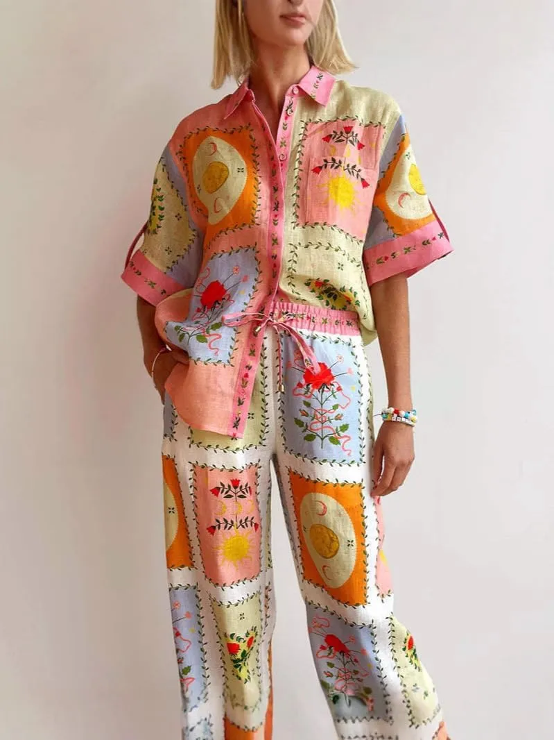 Wuitrie Linen Pants Set for Women Casual Fashion Collar Linen Shirt Cardigan Long Trousers Holiday Beach Suit