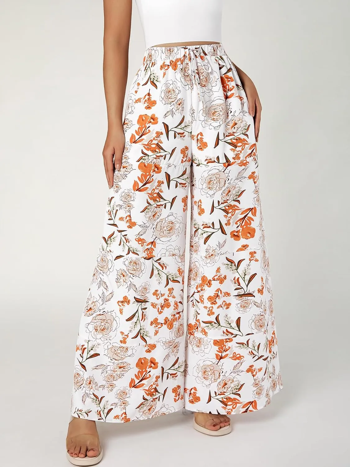 YHYJMY Womens Boho Wide Leg Pants Casual Elastic High Waisted Flowy Palazzo Pants Beach Lounge Long Trousers with Pocket