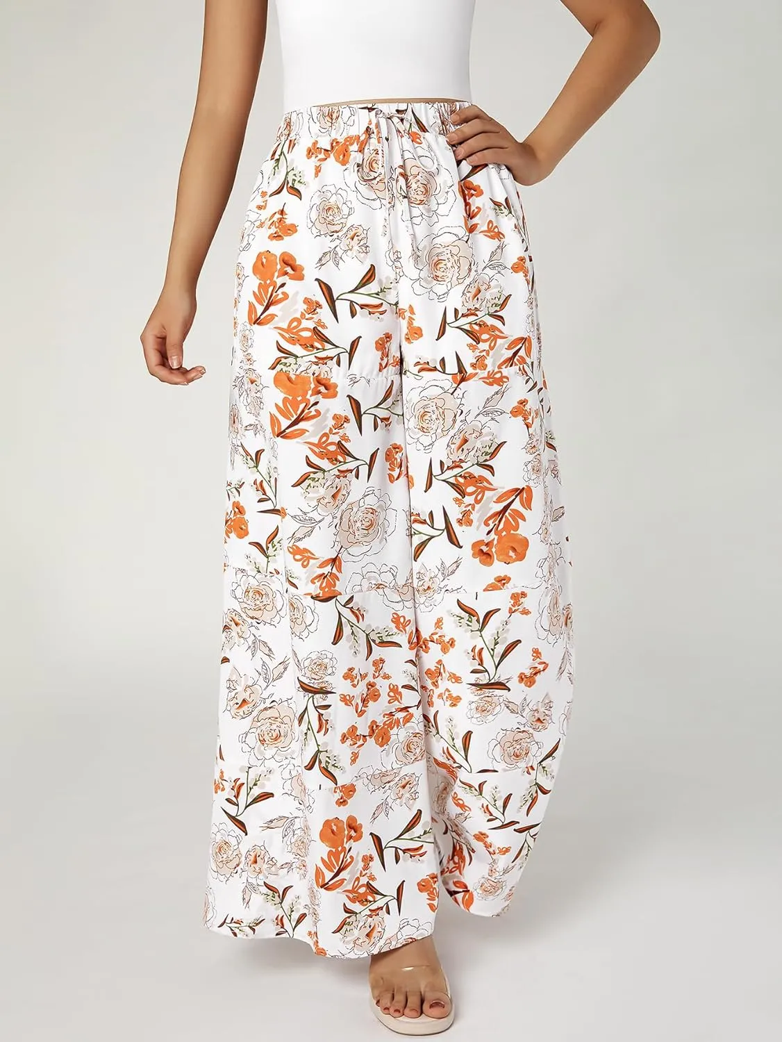 YHYJMY Womens Boho Wide Leg Pants Casual Elastic High Waisted Flowy Palazzo Pants Beach Lounge Long Trousers with Pocket