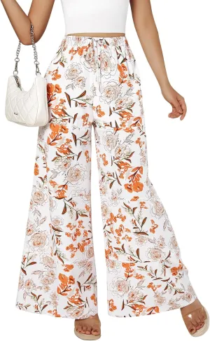 YHYJMY Womens Boho Wide Leg Pants Casual Elastic High Waisted Flowy Palazzo Pants Beach Lounge Long Trousers with Pocket