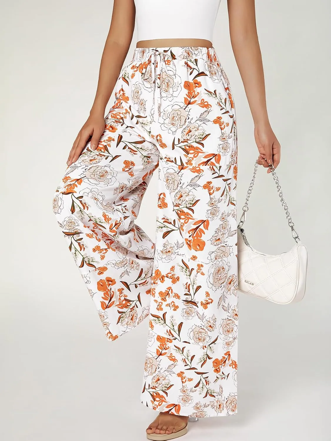 YHYJMY Womens Boho Wide Leg Pants Casual Elastic High Waisted Flowy Palazzo Pants Beach Lounge Long Trousers with Pocket