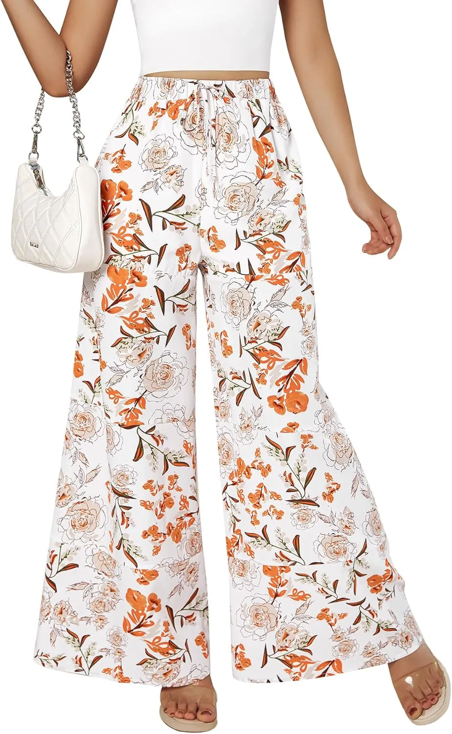 YHYJMY Womens Boho Wide Leg Pants Casual Elastic High Waisted Flowy Palazzo Pants Beach Lounge Long Trousers with Pocket
