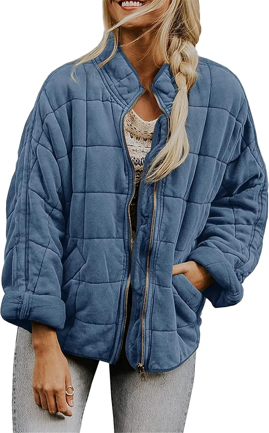 YMING Women's Baggy Lightweight Puffer Jacket Long Sleeve Zip Up Down Coat Quilted Warm Winter Down Coat With Pockets