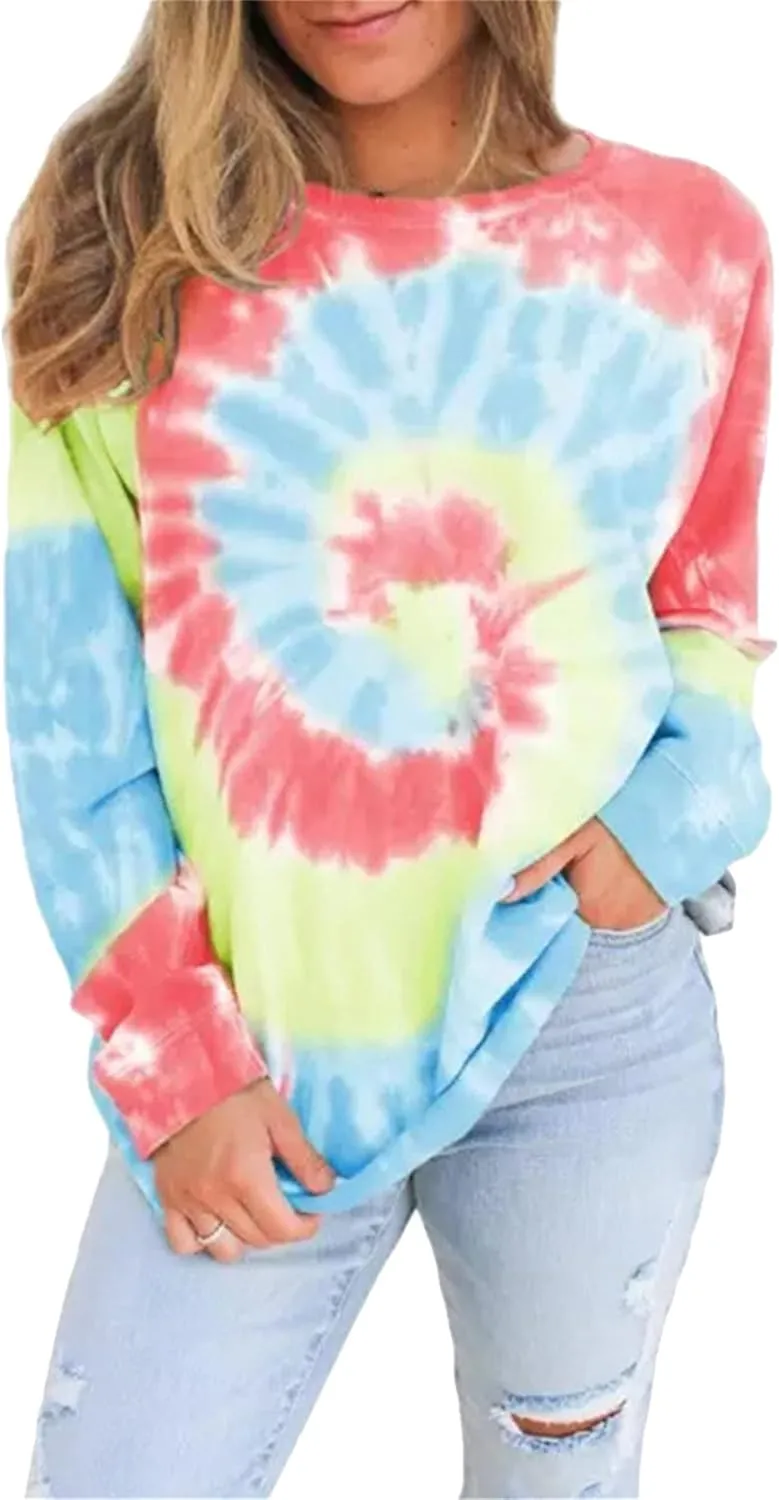 YMING Womens Tie Dye Crewneck Sweatshirt Casual Long Sleeve Pullover Fall Loose Fit Shirt Tops Plus Size