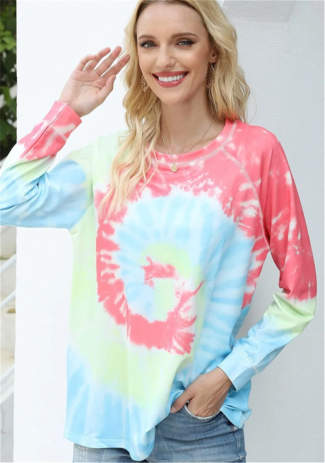 YMING Womens Tie Dye Crewneck Sweatshirt Casual Long Sleeve Pullover Fall Loose Fit Shirt Tops Plus Size