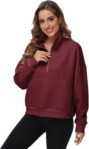 YuKaiChen Womens Sweatshirts Half Zip Cropped Quarter Zipper Hoodies Waffle Pullover Tops with Pocket