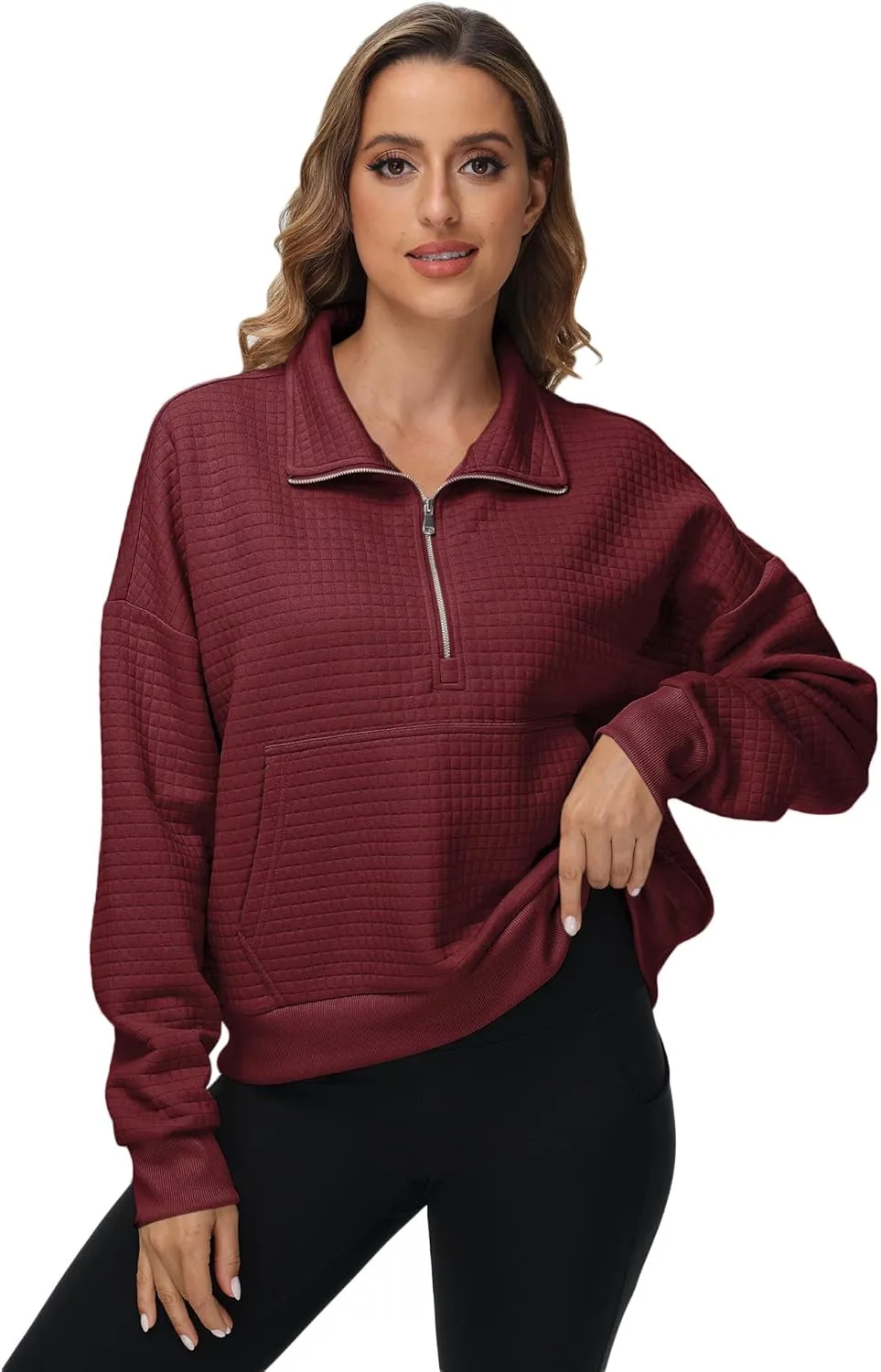 YuKaiChen Womens Sweatshirts Half Zip Cropped Quarter Zipper Hoodies Waffle Pullover Tops with Pocket