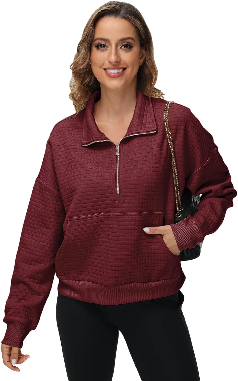 YuKaiChen Womens Sweatshirts Half Zip Cropped Quarter Zipper Hoodies Waffle Pullover Tops with Pocket